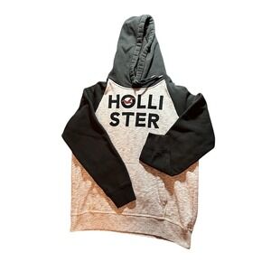 Y2K Hollister Hoodie Sweatshirt Gray Black Logo Graphic Raglan Sleeve XL